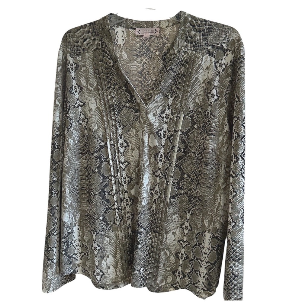 Nanette Lepore Blouse Womens L Tan Snakeskin Pintuck V-Neck Career Popover Top